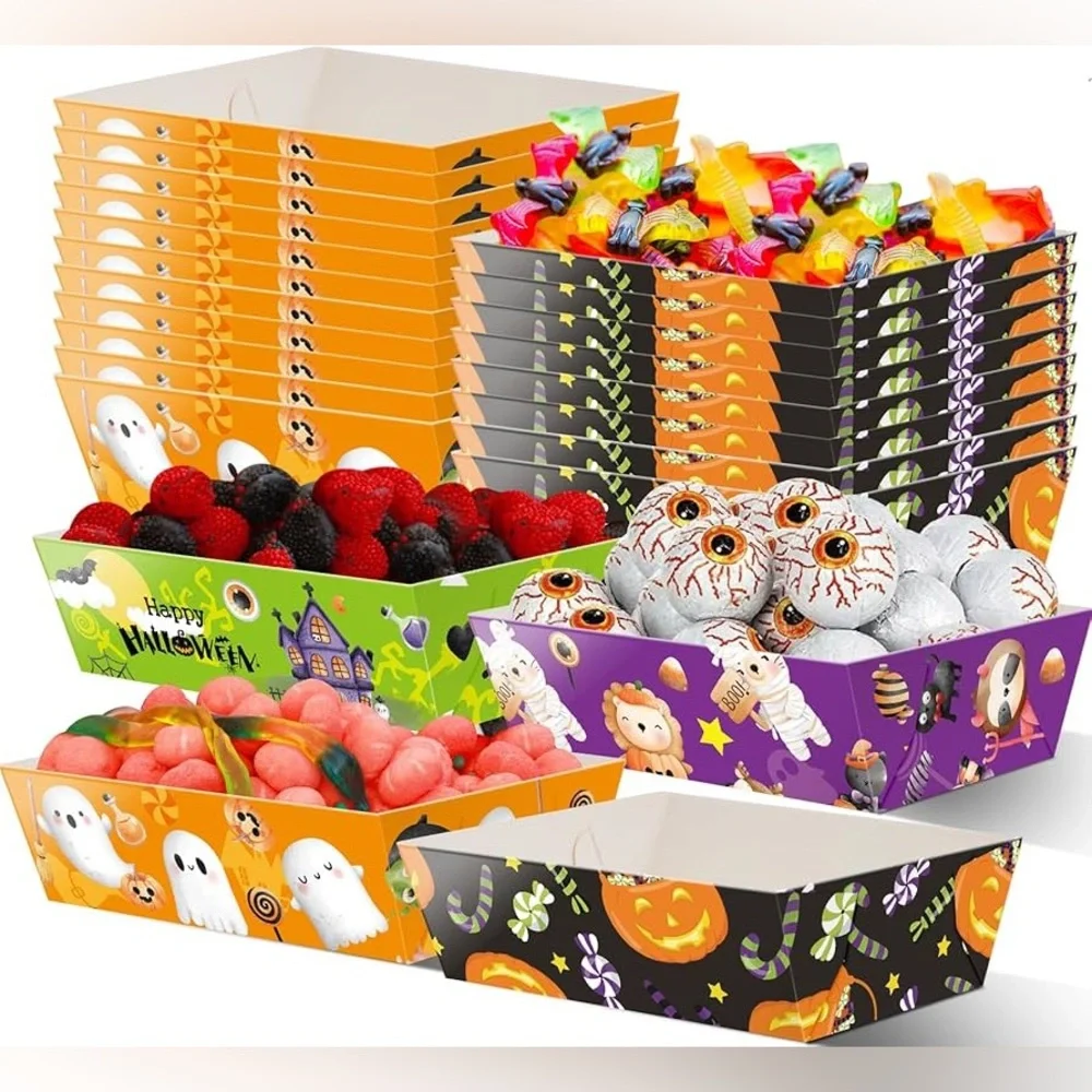 WorldBazaar Halloween Paper Food Trays 60PCS Disposable Party Treat Snack Holder